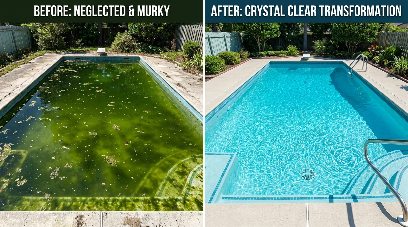Before and After pool cleaning green to blue transformation